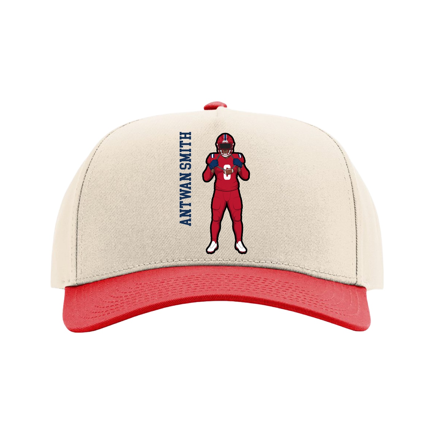 Full Fabric Five-Panel Champ Cap — Name Vertical in Cream/Red