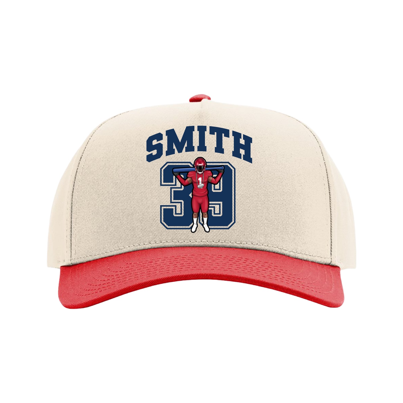 Full Fabric Five-Panel Champ Cap — Number in Cream/Red