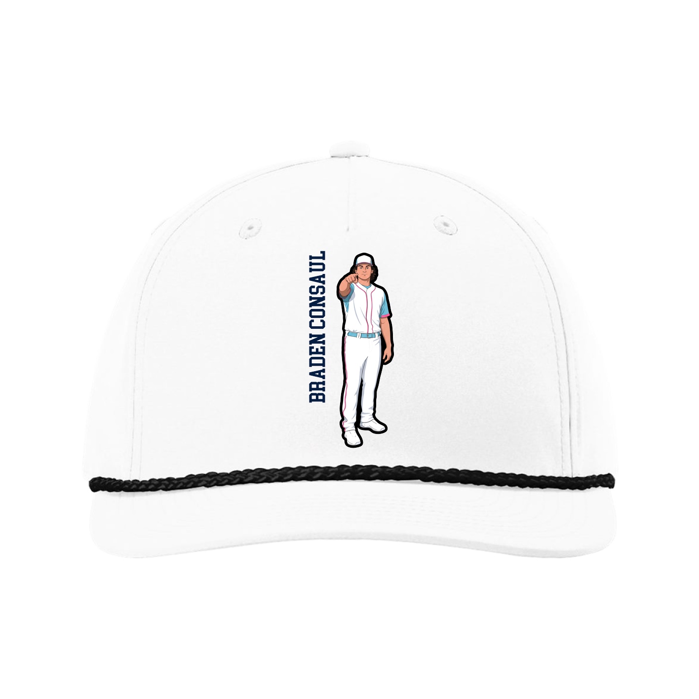 Five-Panel Classic Rope Cap — Name Vertical in White