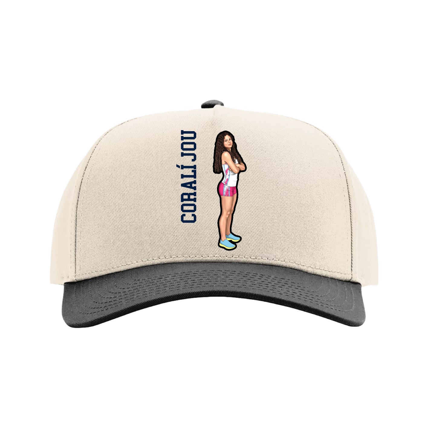 Full Fabric Five-Panel Champ Cap — Name Vertical in Cream/Black