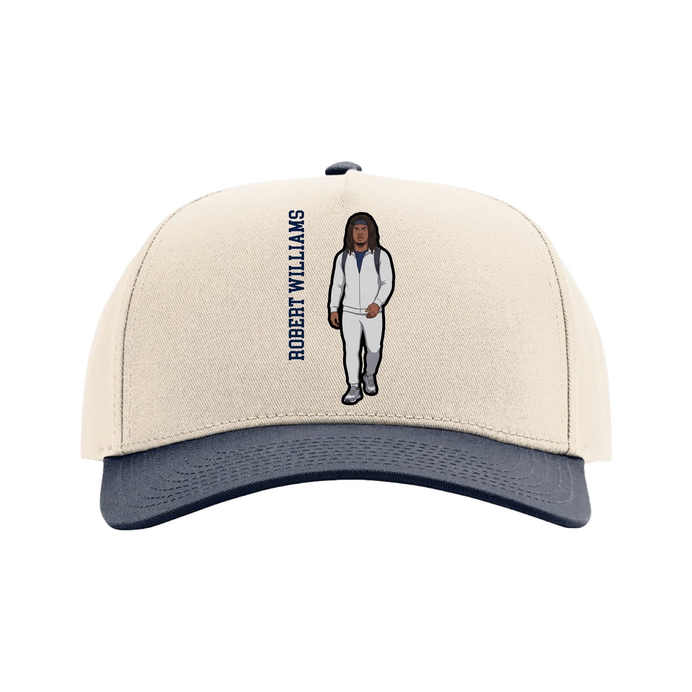 Full Fabric Five-Panel Champ Cap — Name Vertical in Cream/Navy
