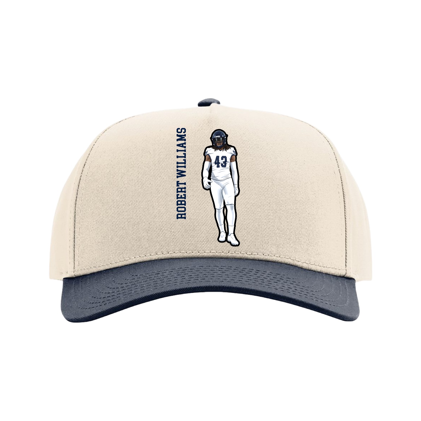 Full Fabric Five-Panel Champ Cap — Name Vertical in Cream/Navy