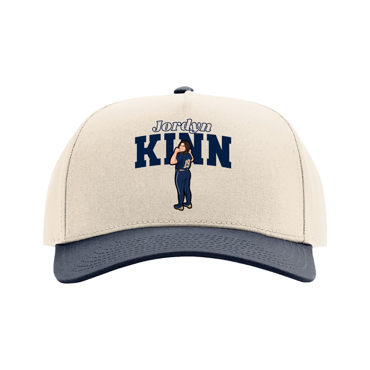 Full Fabric Five-Panel Champ Cap — Name Arch in Cream/Navy