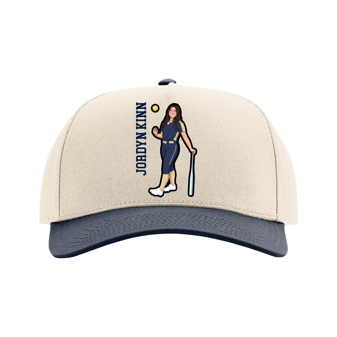 Full Fabric Five-Panel Champ Cap — Name Vertical in Cream/Navy