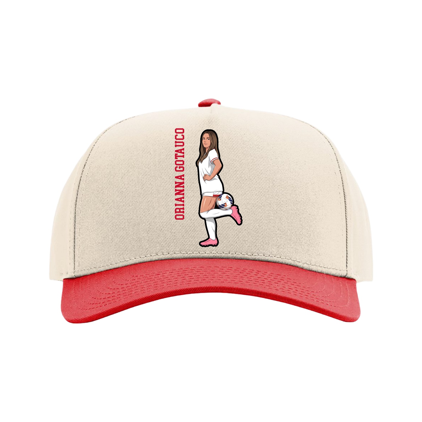 Full Fabric Five-Panel Champ Cap — Name Vertical in Cream/Red