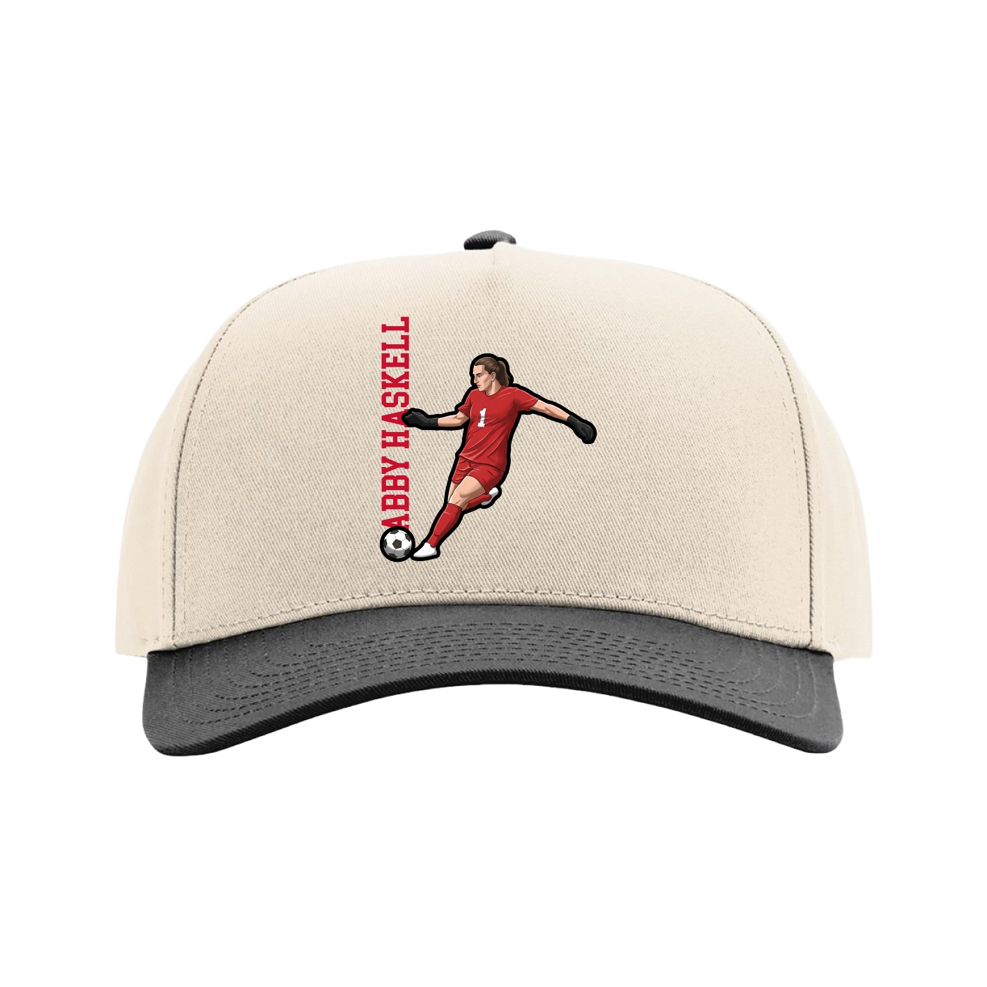 Full Fabric Five-Panel Champ Cap — Name Vertical in Cream/Black