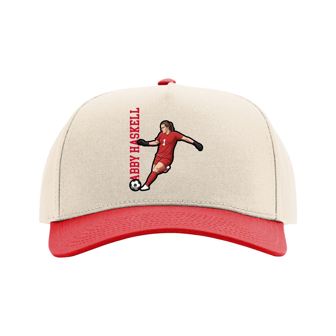 Full Fabric Five-Panel Champ Cap — Name Vertical in Cream/Red