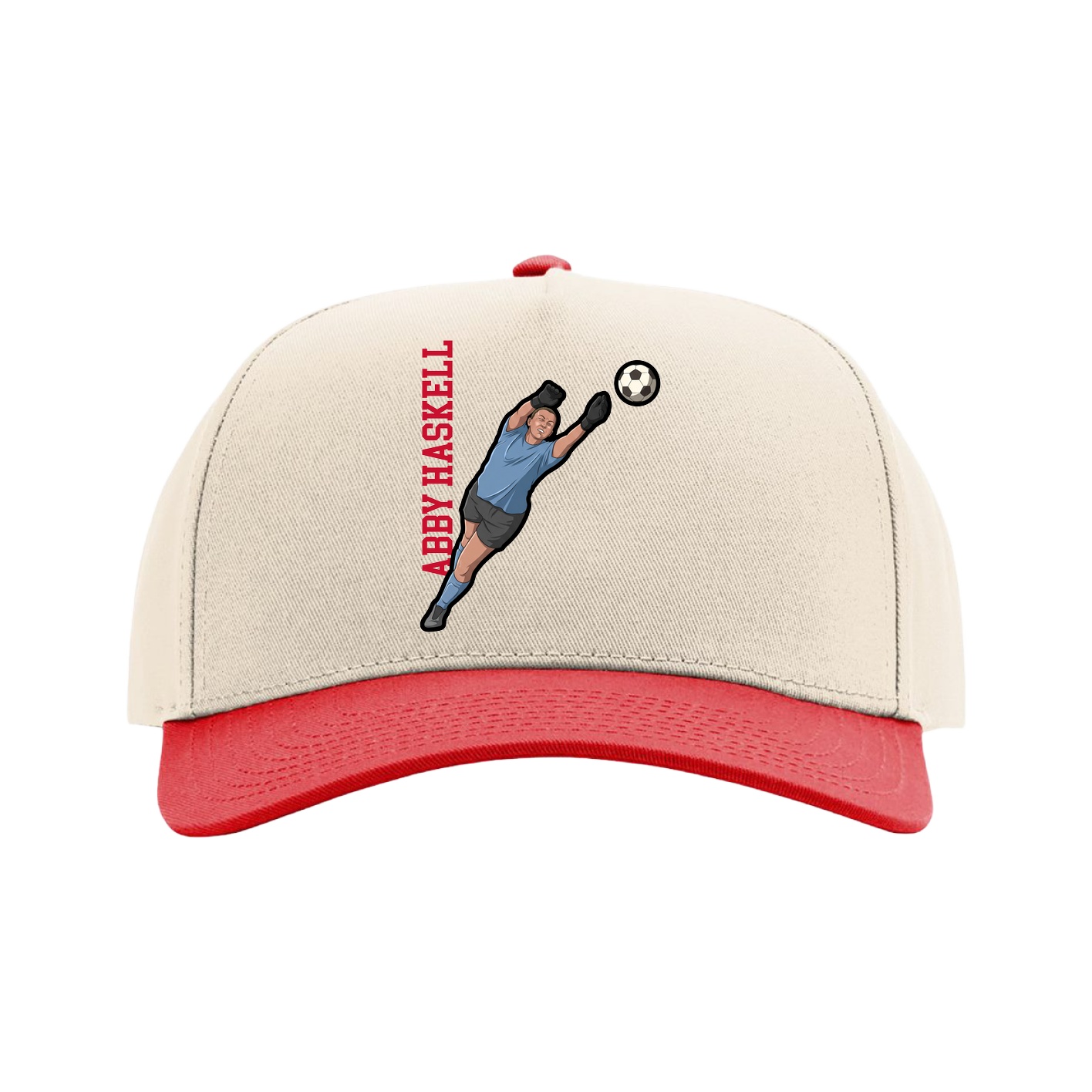 Full Fabric Five-Panel Champ Cap — Name Vertical in Cream/Red
