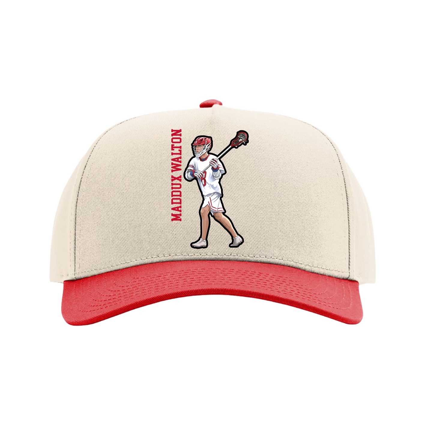 Full Fabric Five-Panel Champ Cap — Name Vertical in Cream/Red
