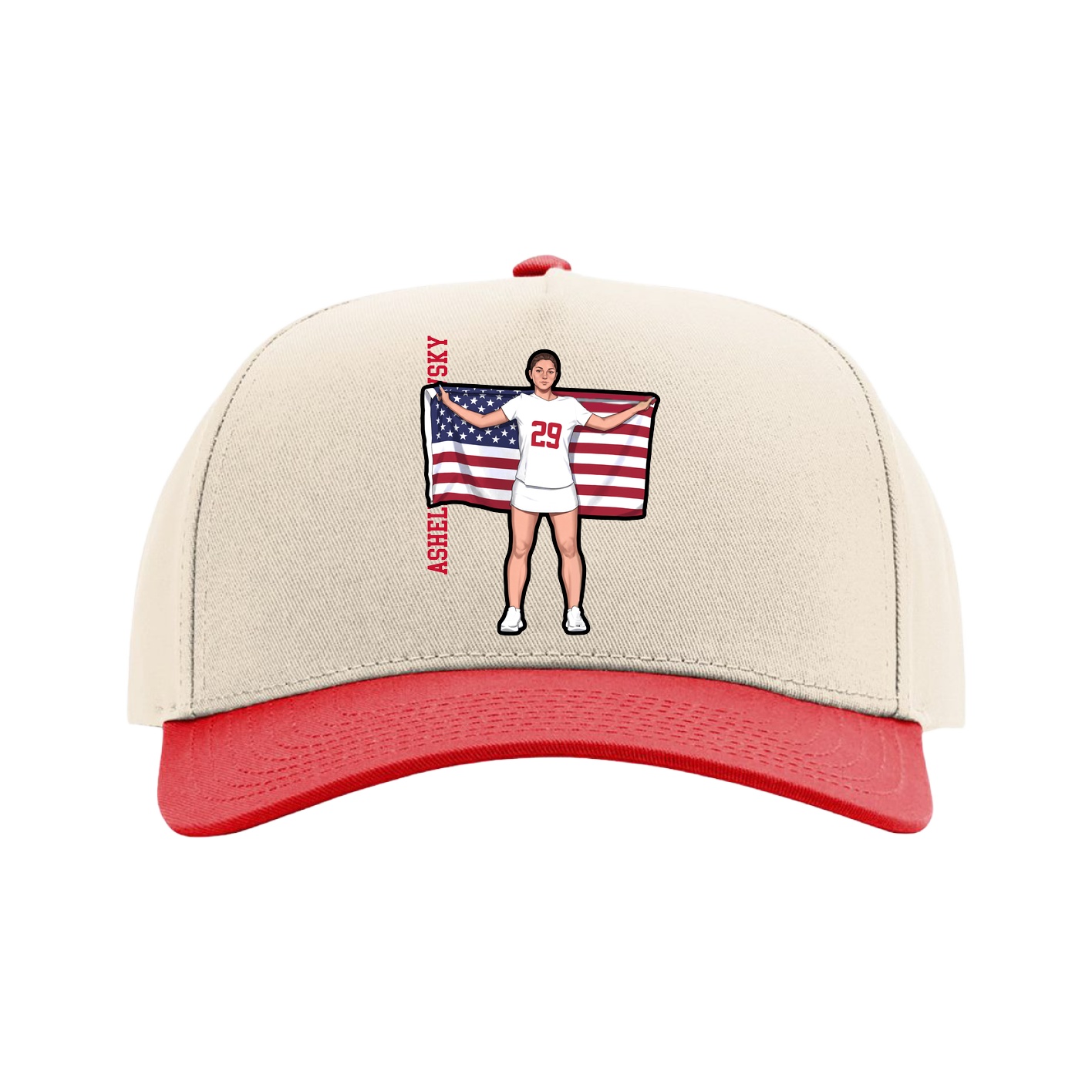 Full Fabric Five-Panel Champ Cap — Name Vertical in Cream/Red