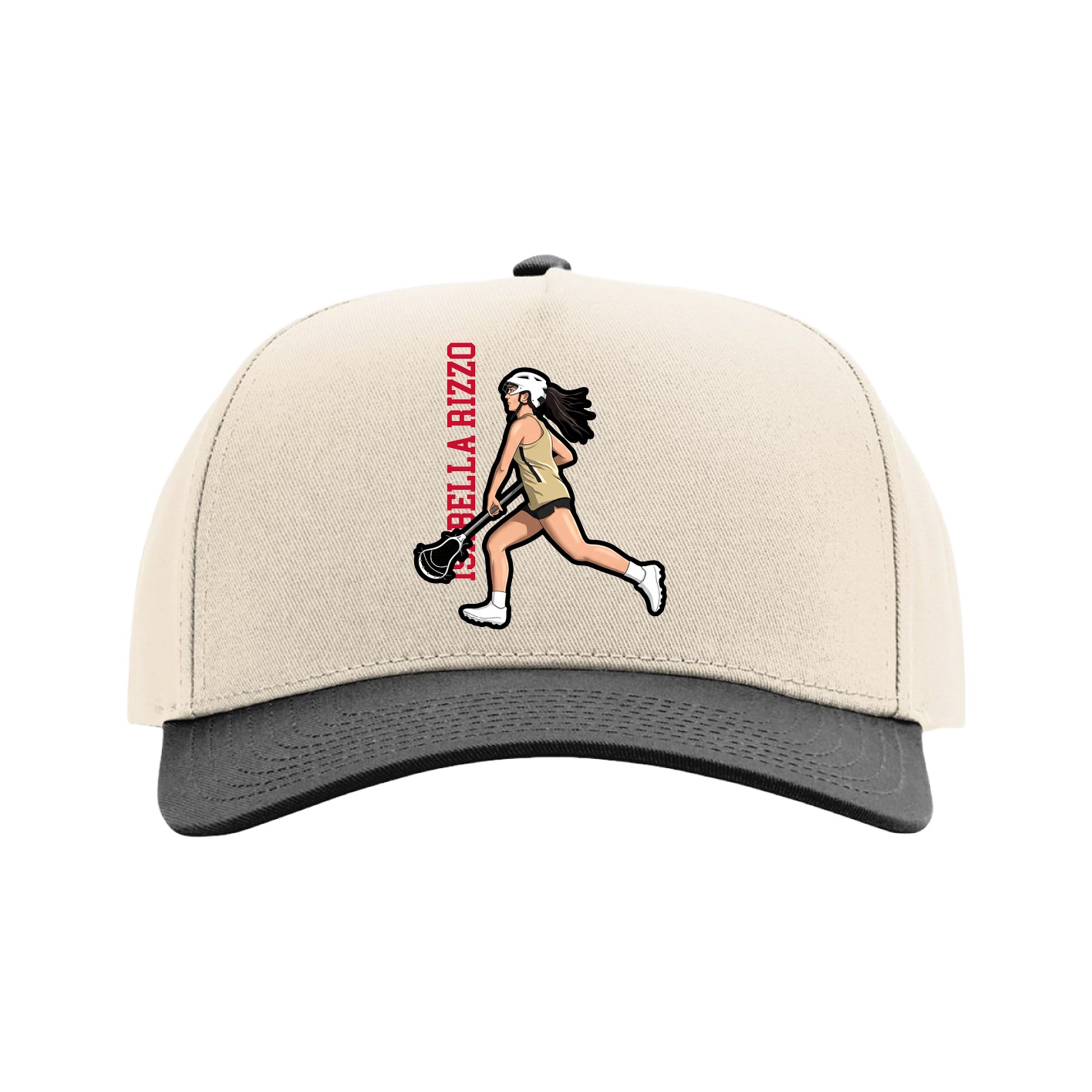Full Fabric Five-Panel Champ Cap — Name Vertical in Cream/Black