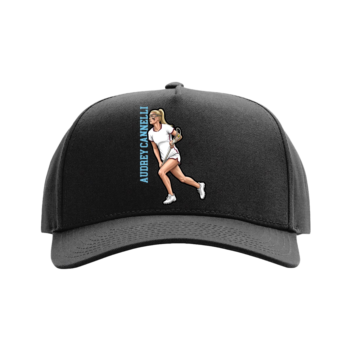 Full Fabric Five-Panel Champ Cap — Name Vertical in Black