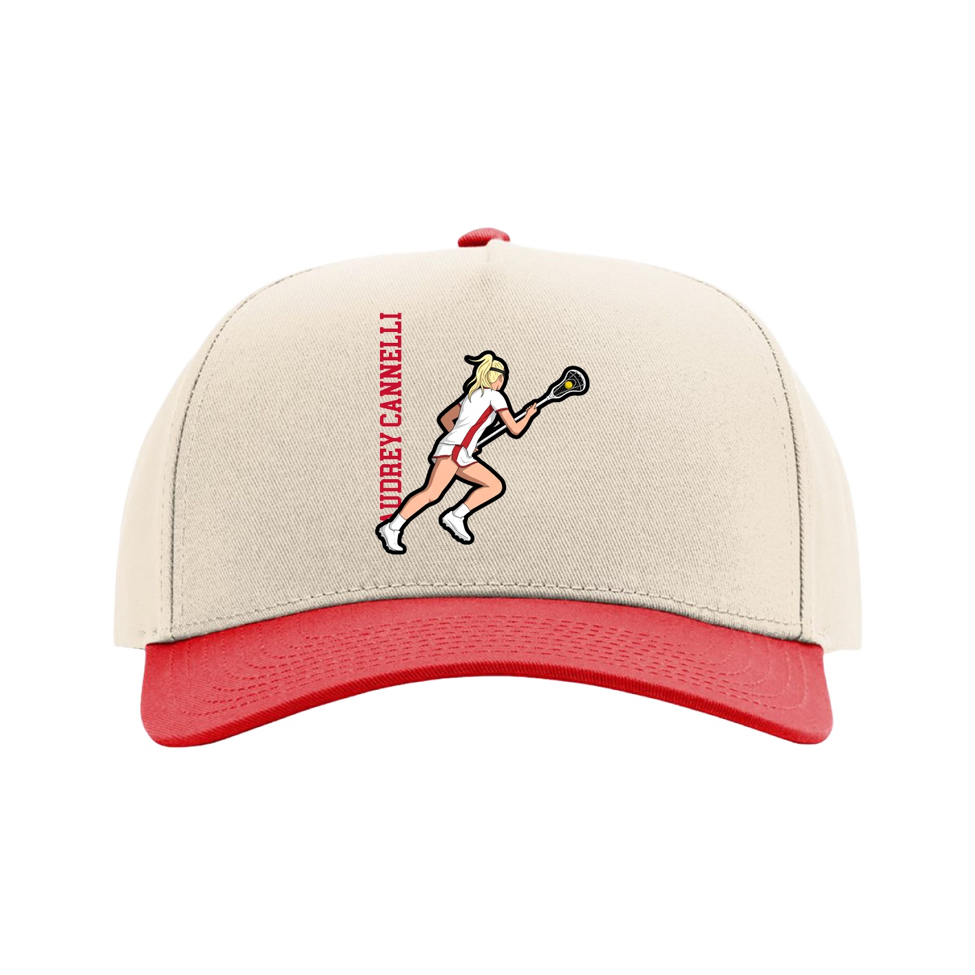 Full Fabric Five-Panel Champ Cap — Name Vertical in Cream/Red