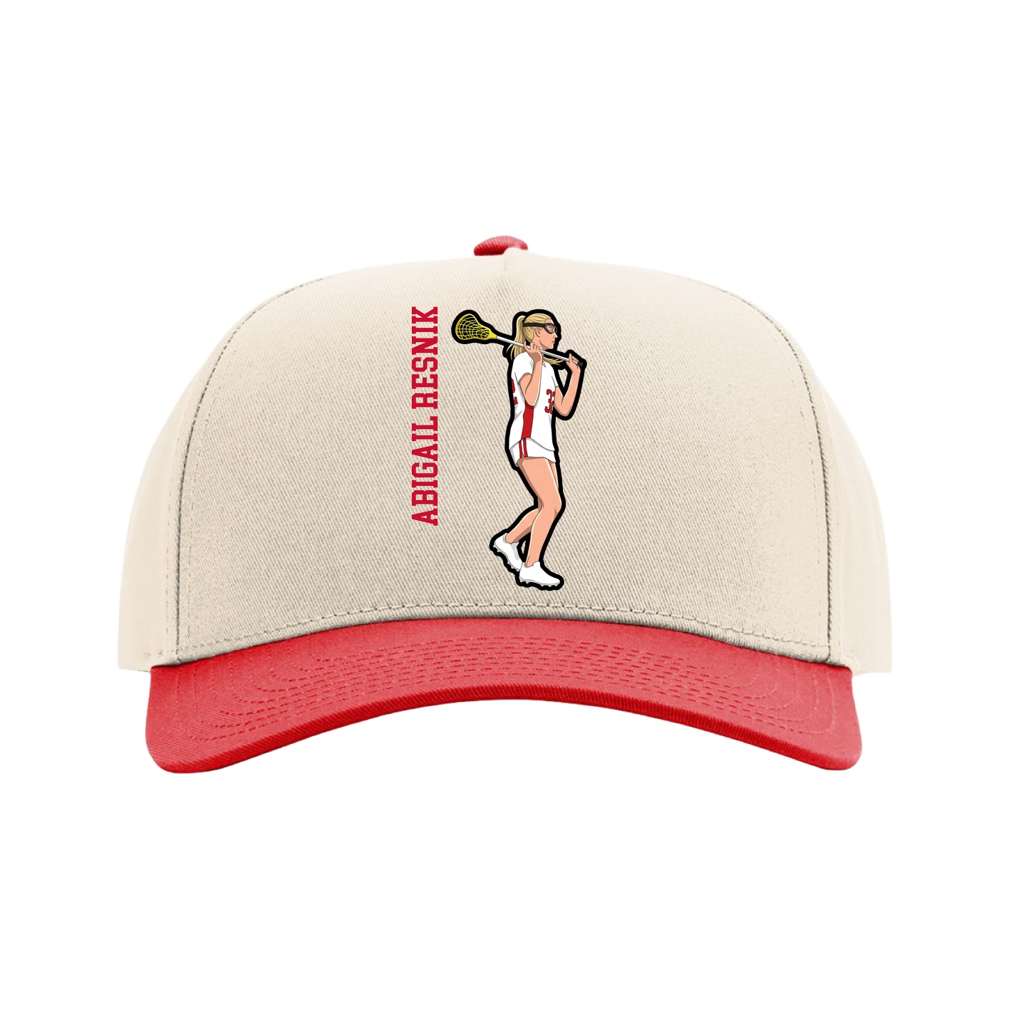 Full Fabric Five-Panel Champ Cap — Name Vertical in Cream/Red