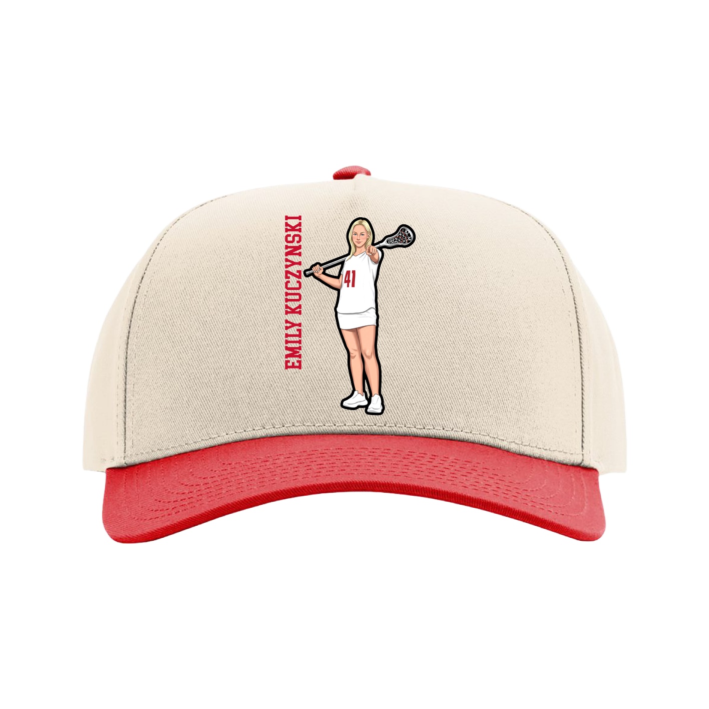 Full Fabric Five-Panel Champ Cap — Name Vertical in Cream/Red