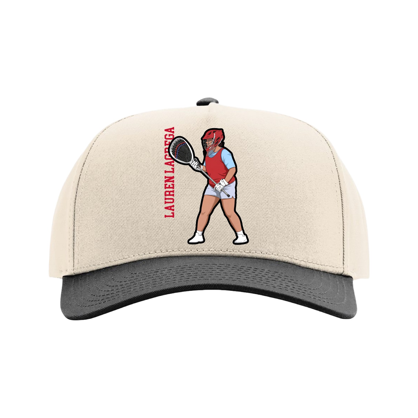 Full Fabric Five-Panel Champ Cap — Name Vertical in Cream/Black