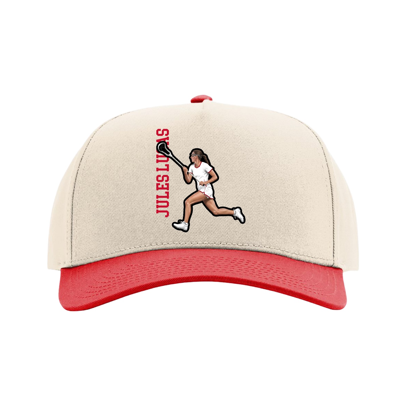 Full Fabric Five-Panel Champ Cap — Name Vertical in Cream/Red
