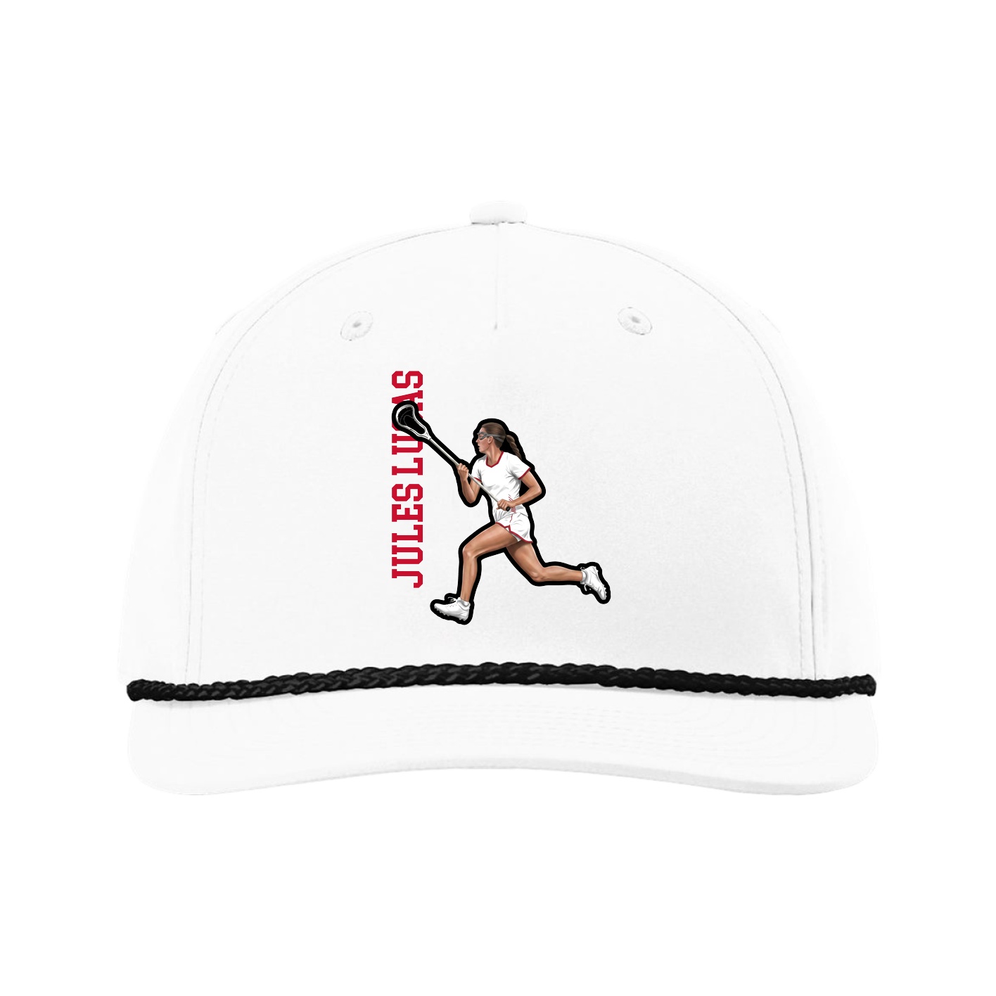 Five-Panel Classic Rope Cap — Name Vertical in White