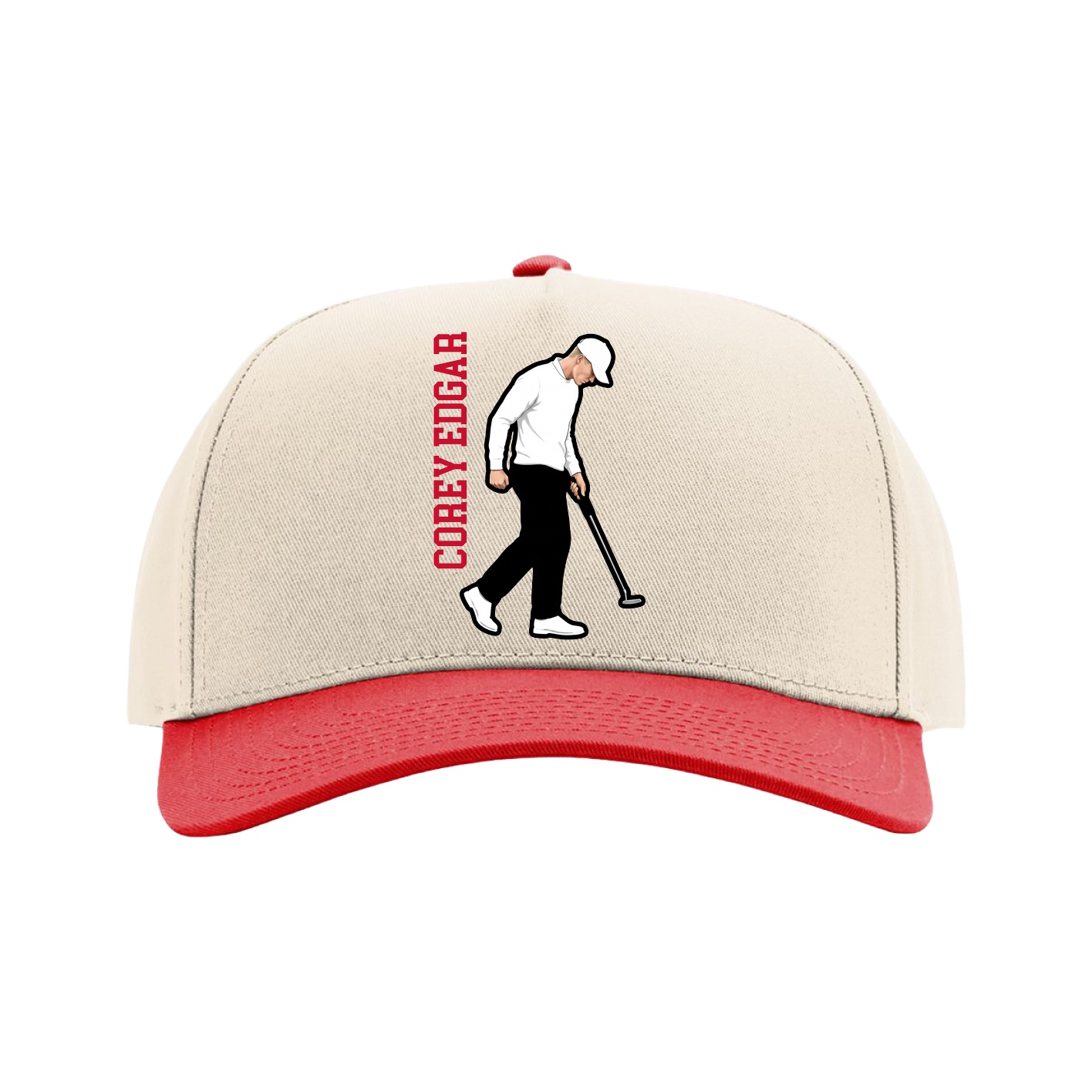 Full Fabric Five-Panel Champ Cap — Name Vertical in Cream/Red