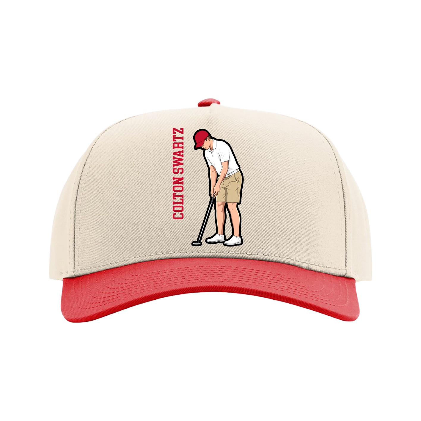 Full Fabric Five-Panel Champ Cap — Name Vertical in Cream/Red