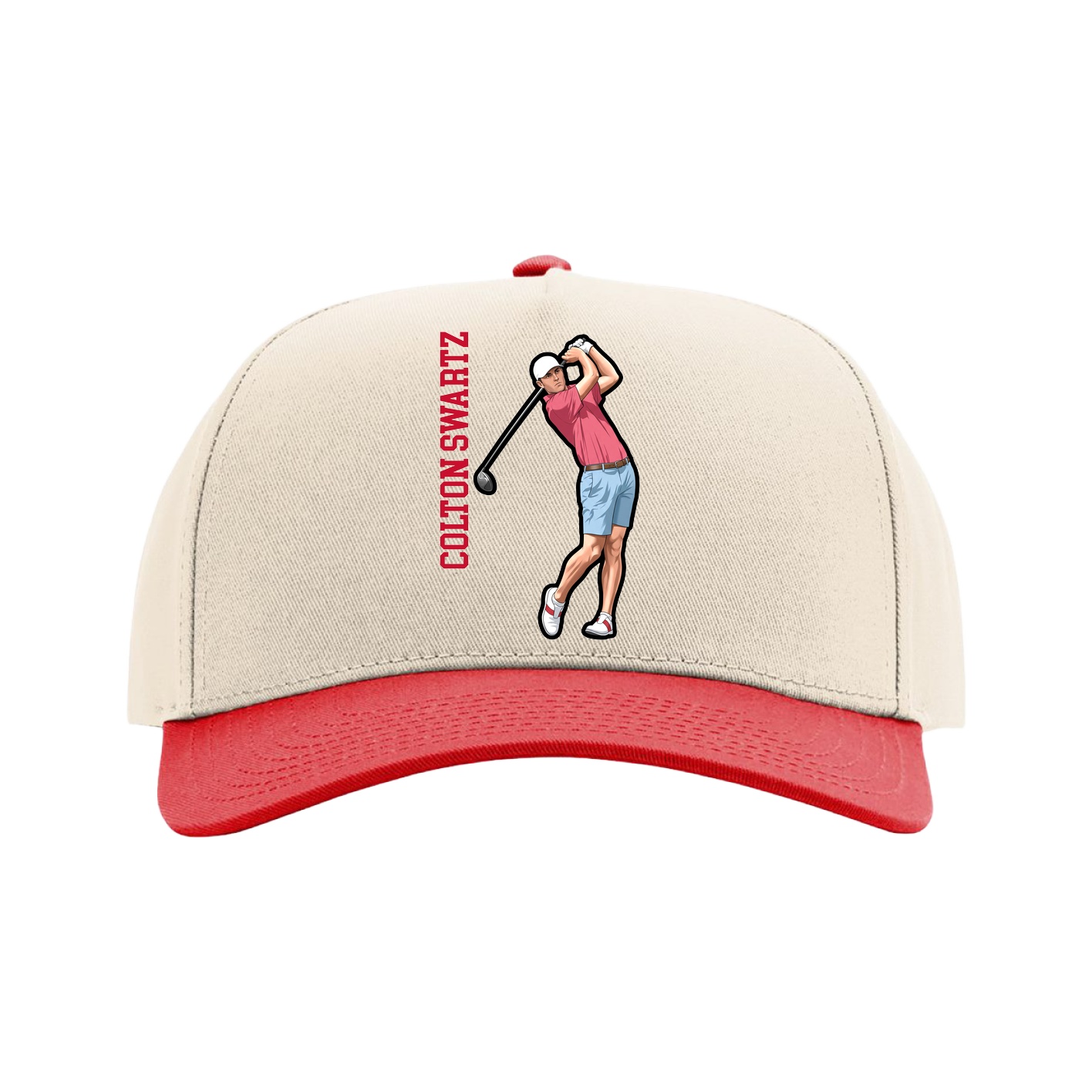 Full Fabric Five-Panel Champ Cap — Name Vertical in Cream/Red