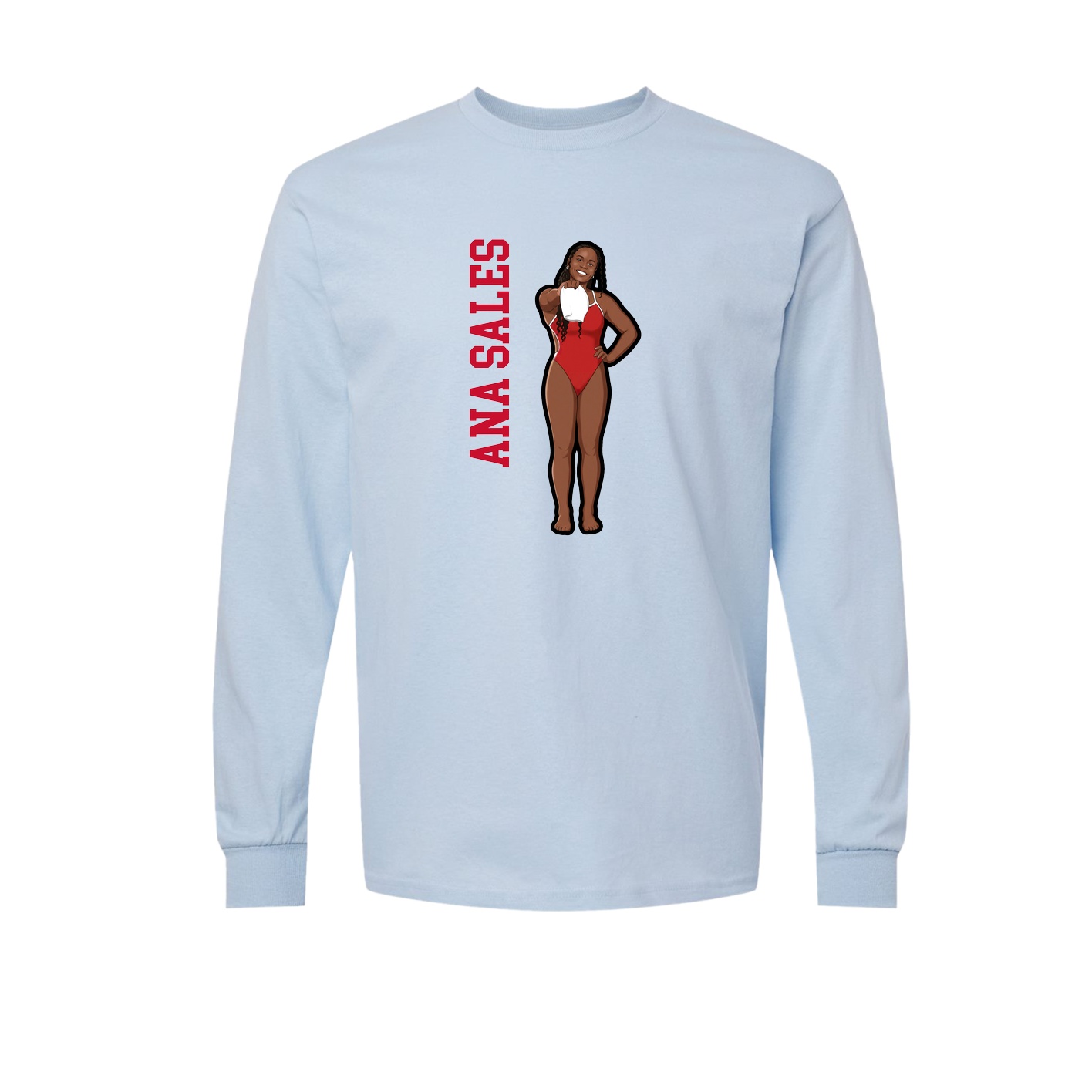 Long Sleeve Tee — Name Vertical in Light Blue
