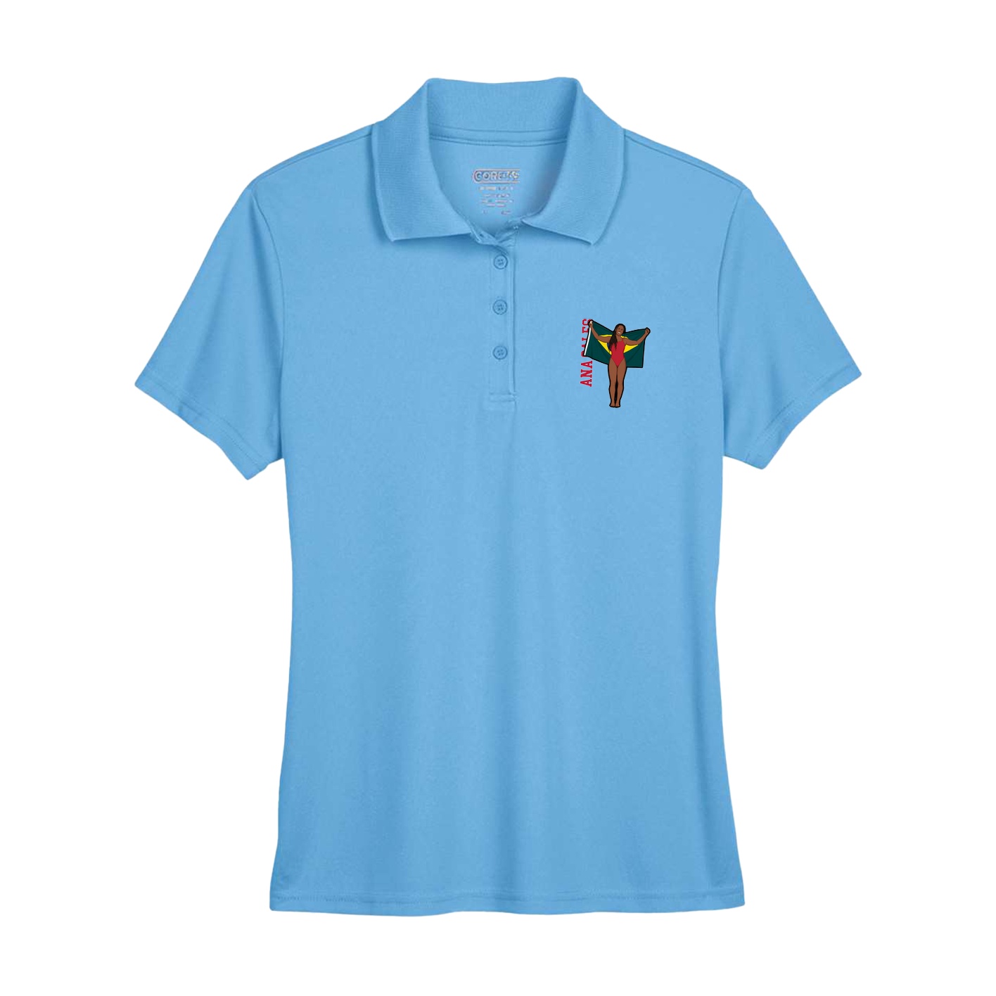 Womens Performance Polo — Name Vertical in Powder Blue