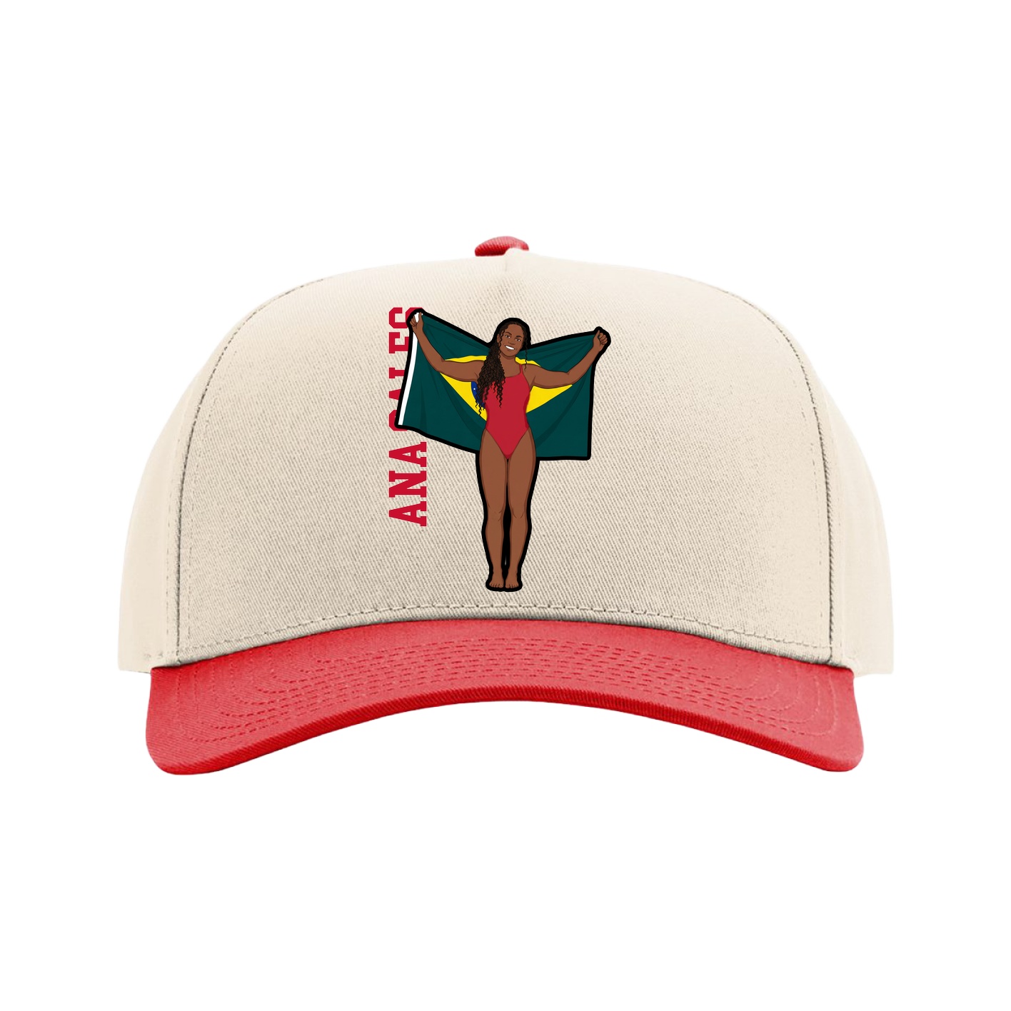 Full Fabric Five-Panel Champ Cap — Name Vertical in Cream/Red