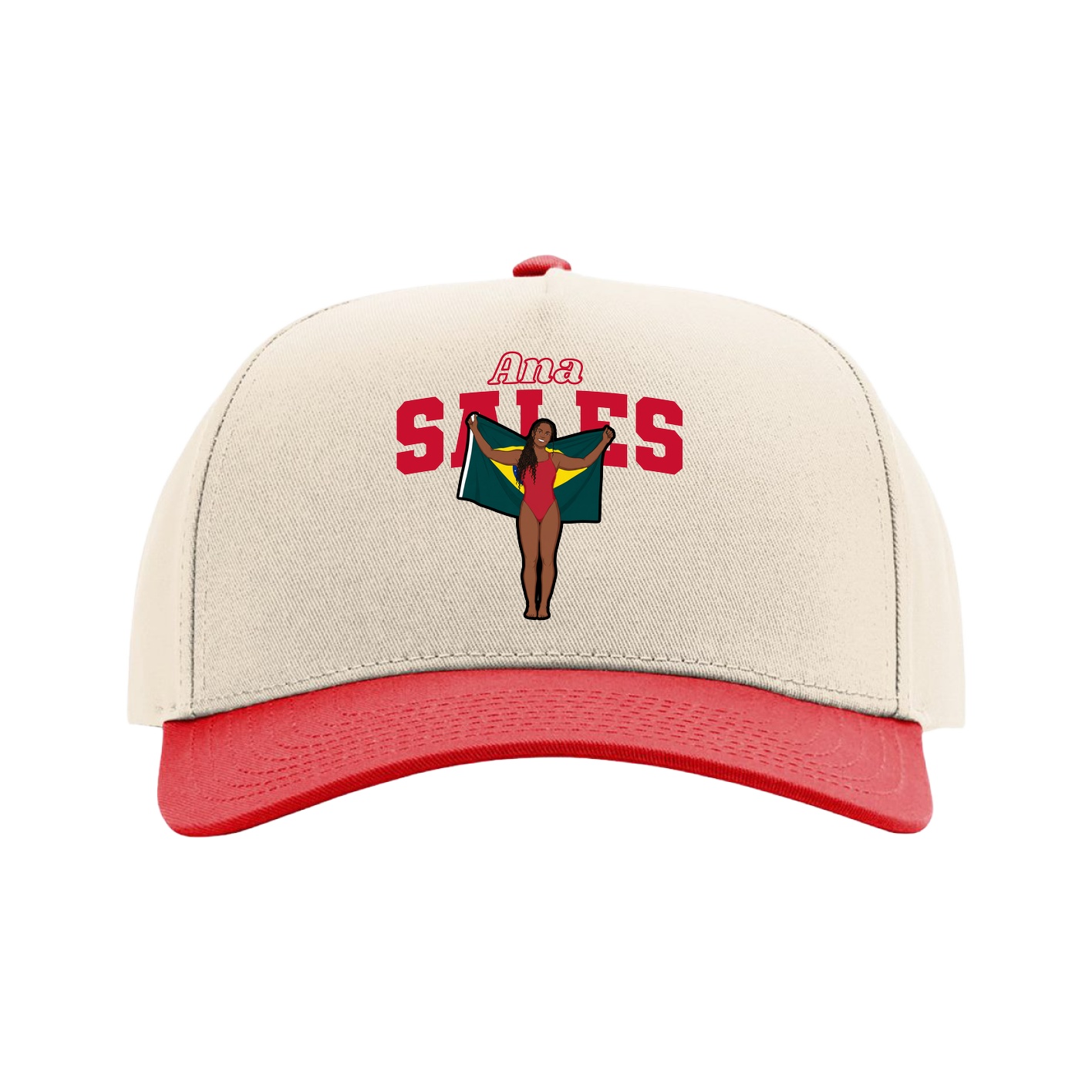 Full Fabric Five-Panel Champ Cap — Name Arch in Cream/Red