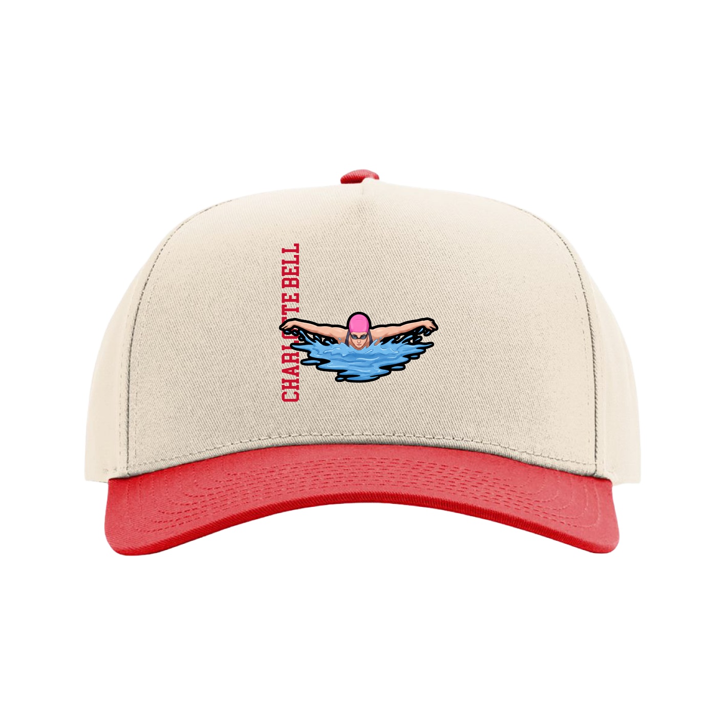 Full Fabric Five-Panel Champ Cap — Name Vertical in Cream/Red
