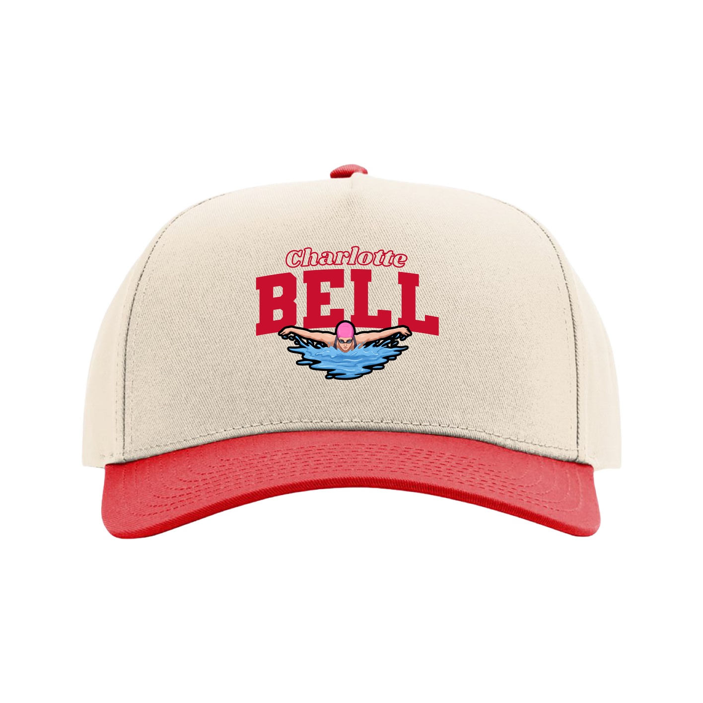 Full Fabric Five-Panel Champ Cap — Name Arch in Cream/Red