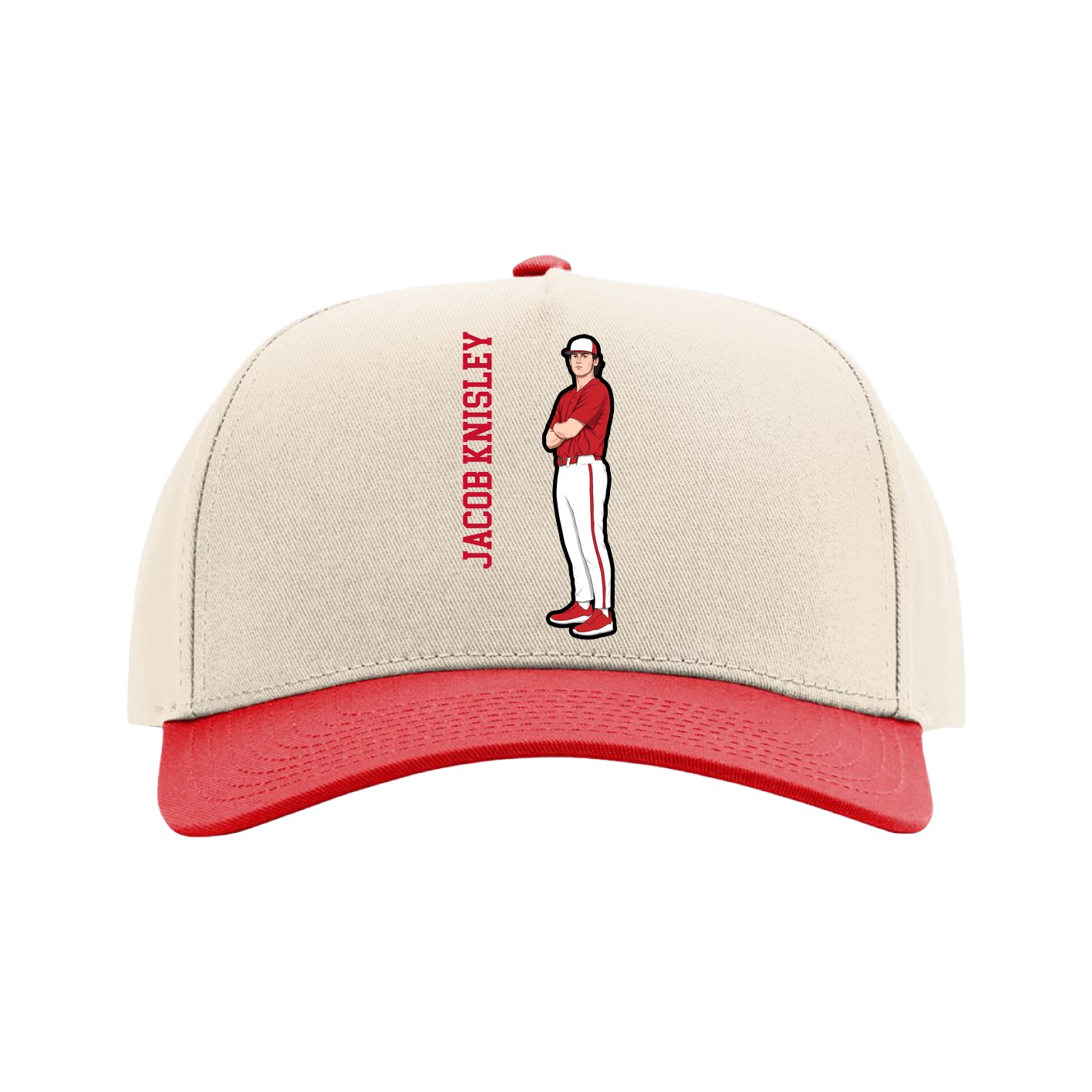 Full Fabric Five-Panel Champ Cap — Name Vertical in Cream/Red