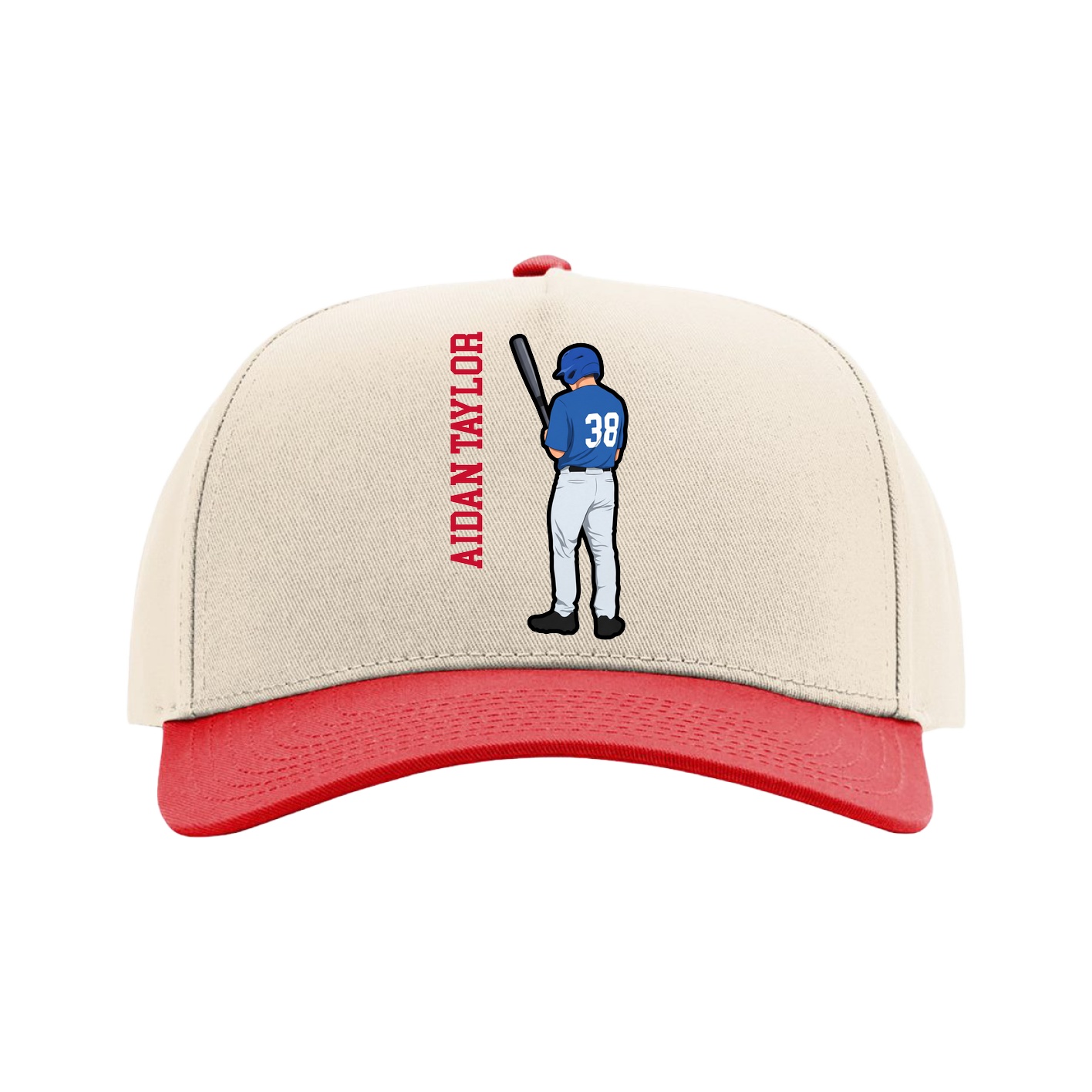 Full Fabric Five-Panel Champ Cap — Name Vertical in Cream/Red