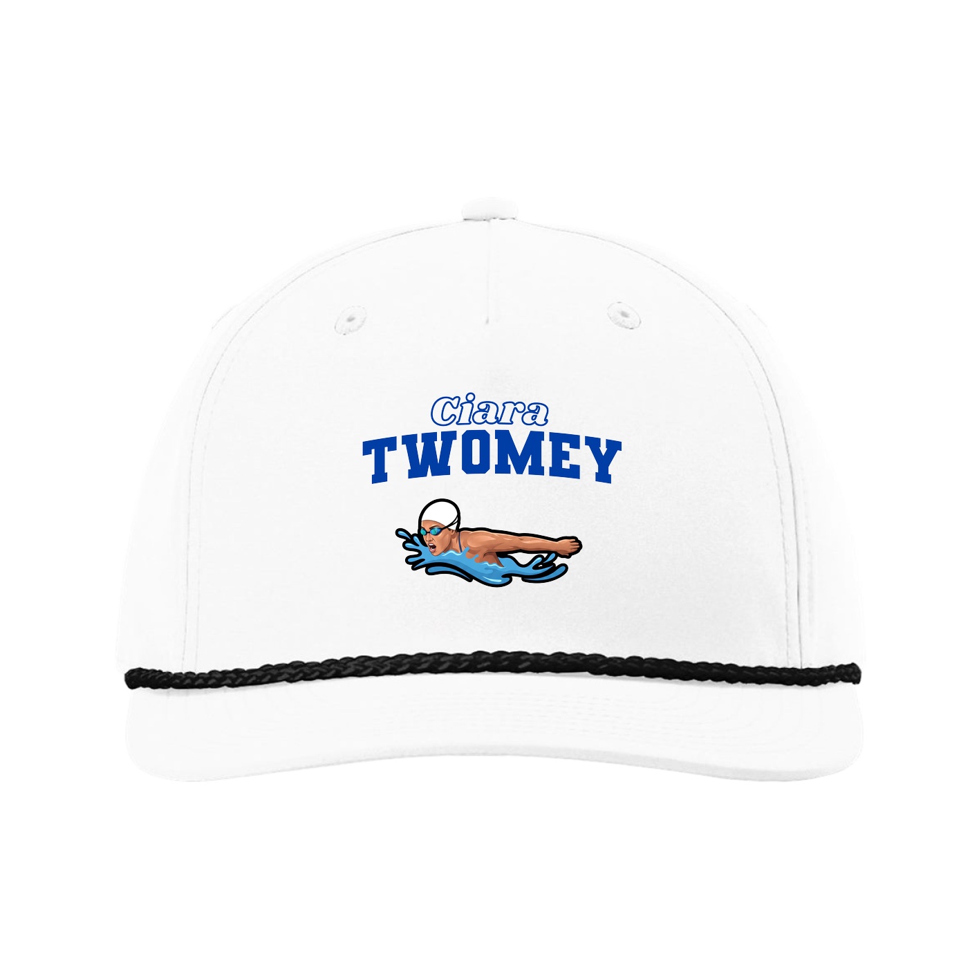 Five-Panel Classic Rope Cap — Name Arch in White