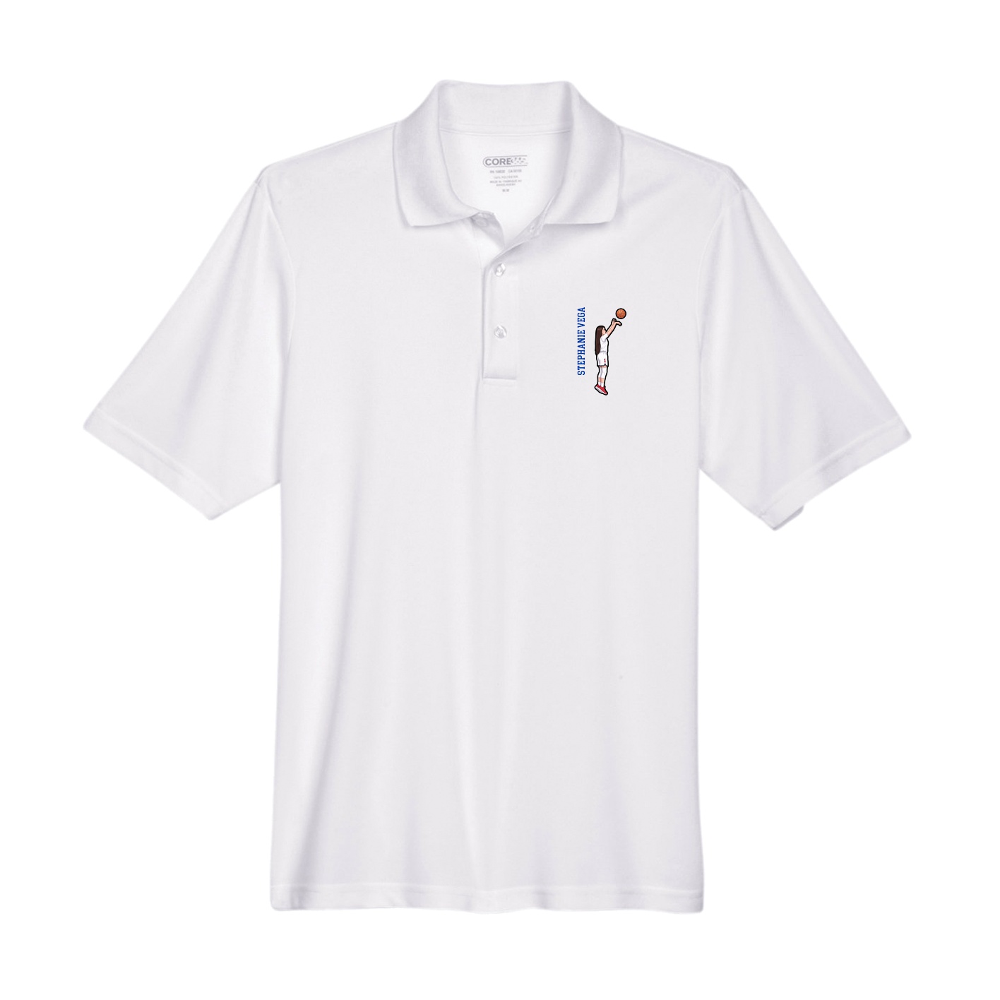 Performance Polo — Name Vertical in White