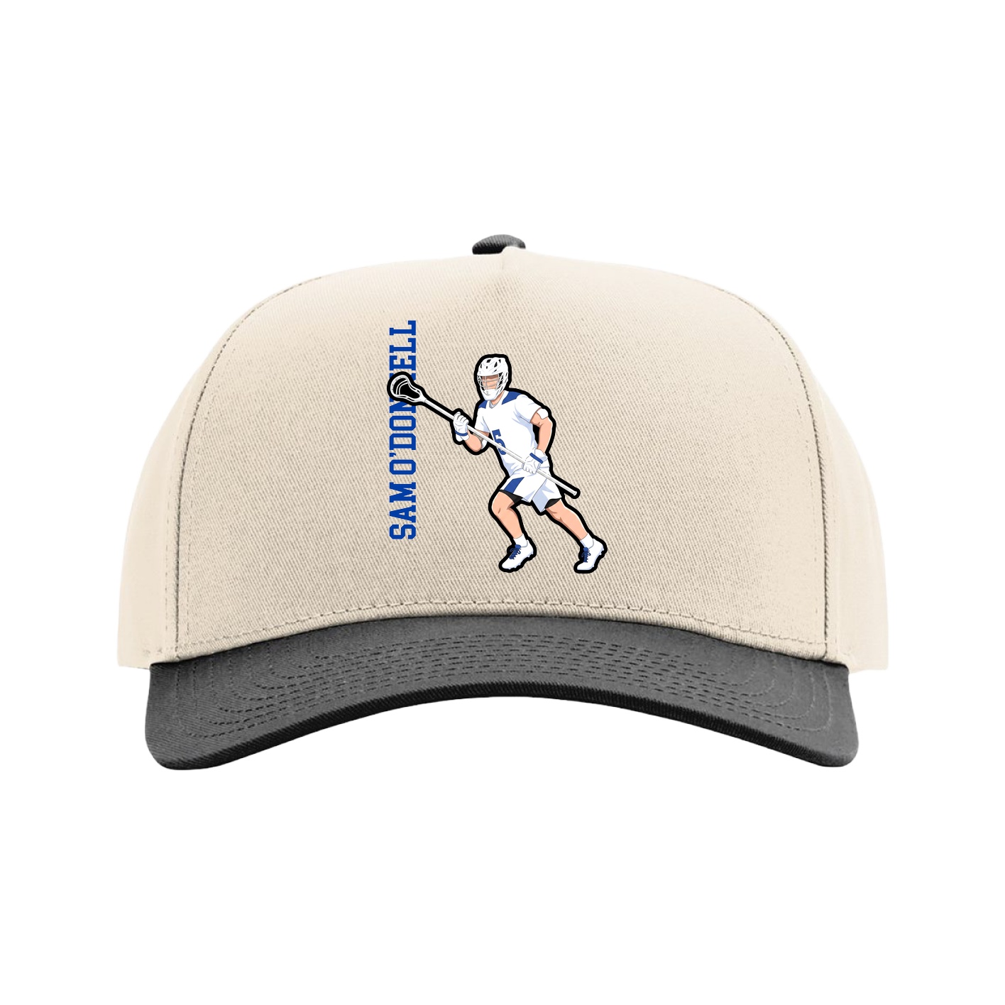 Full Fabric Five-Panel Champ Cap — Name Vertical in Cream/Black