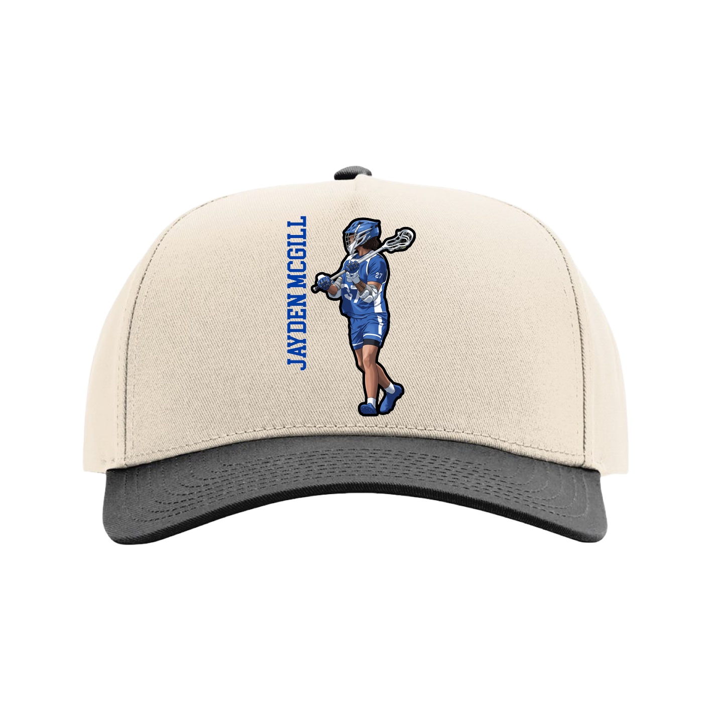 Full Fabric Five-Panel Champ Cap — Name Vertical in Cream/Black