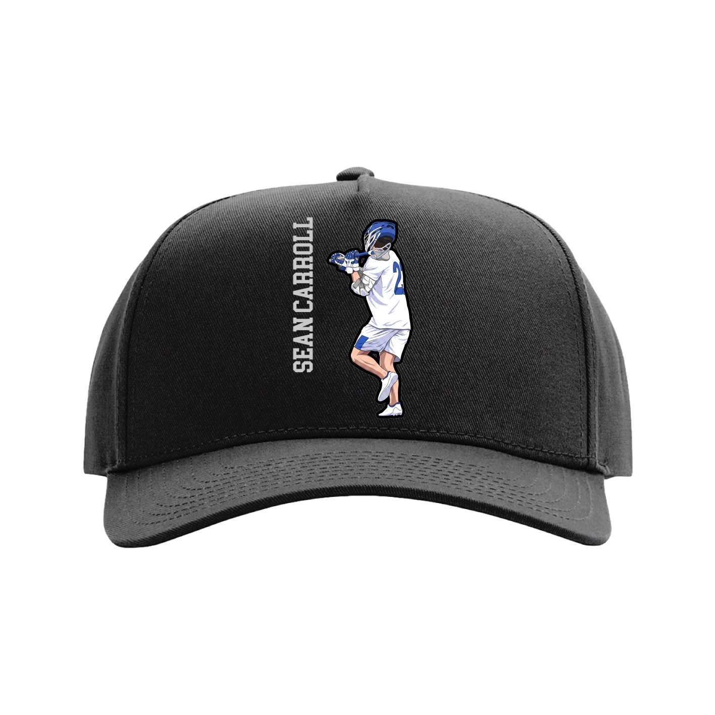 Full Fabric Five-Panel Champ Cap — Name Vertical in Black