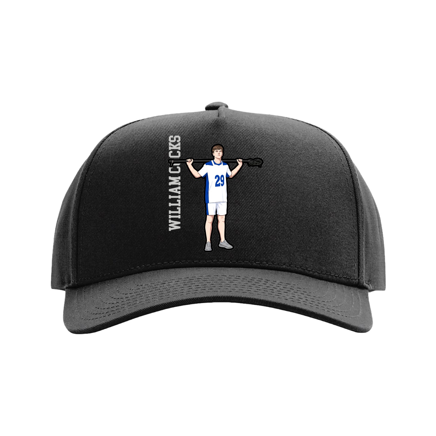 Full Fabric Five-Panel Champ Cap — Name Vertical in Black