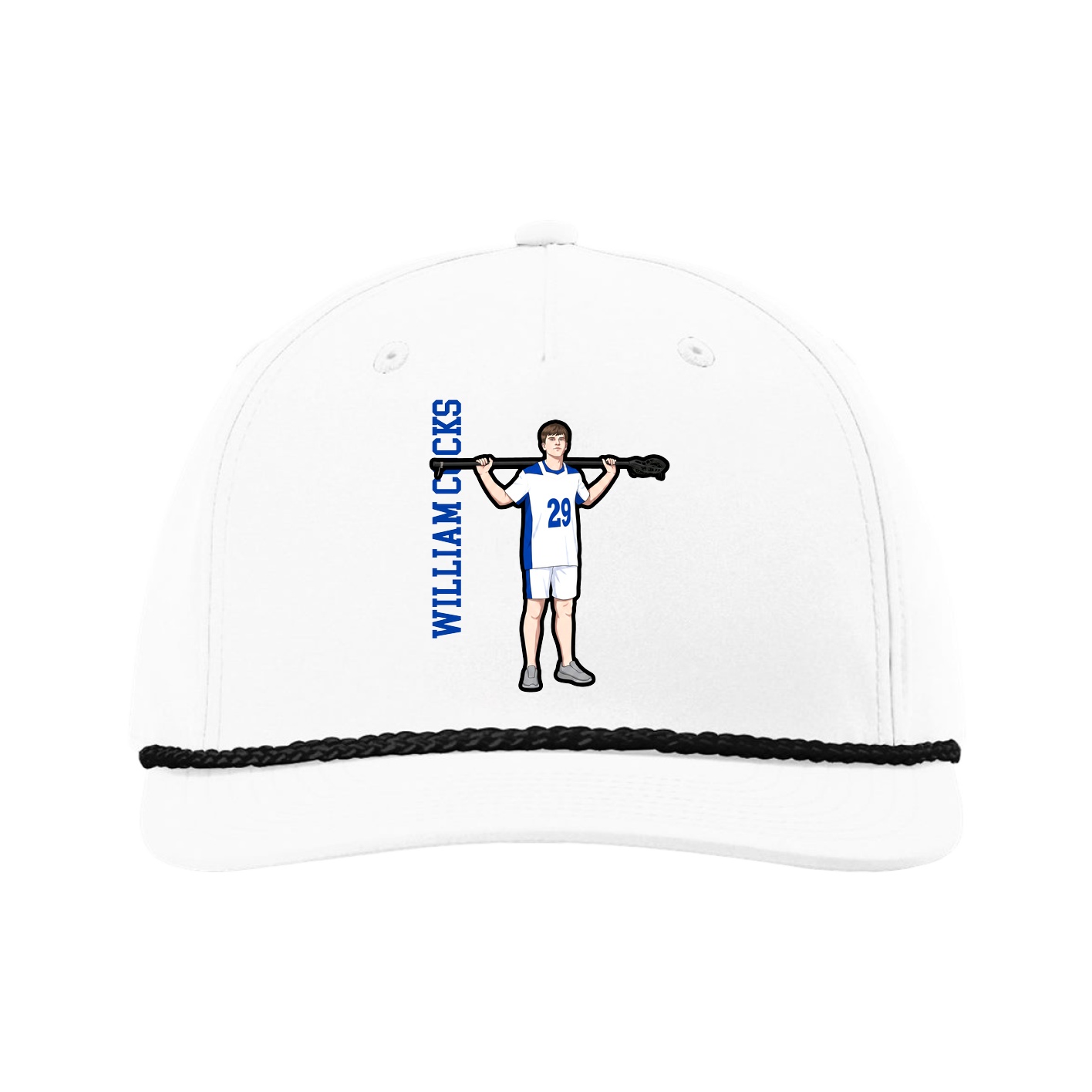 Five-Panel Classic Rope Cap — Name Vertical in White