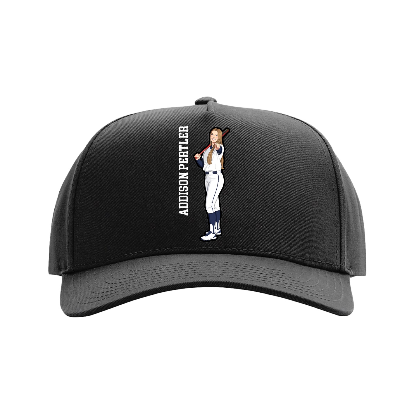 Full Fabric Five-Panel Champ Cap — Name Vertical in Black