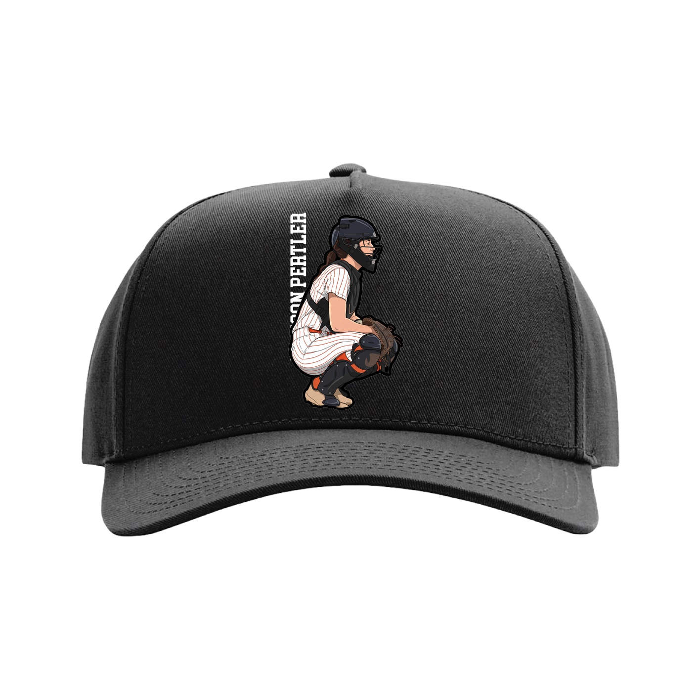 Full Fabric Five-Panel Champ Cap — Name Vertical in Black