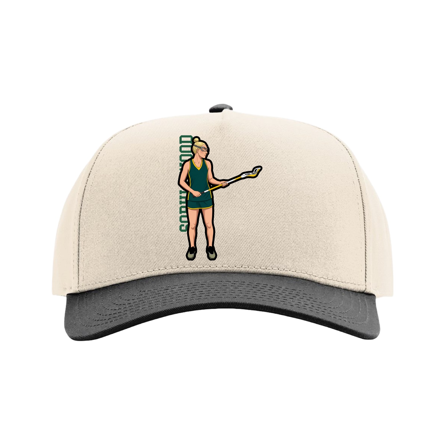 Full Fabric Five-Panel Champ Cap — Name Vertical in Cream/Black