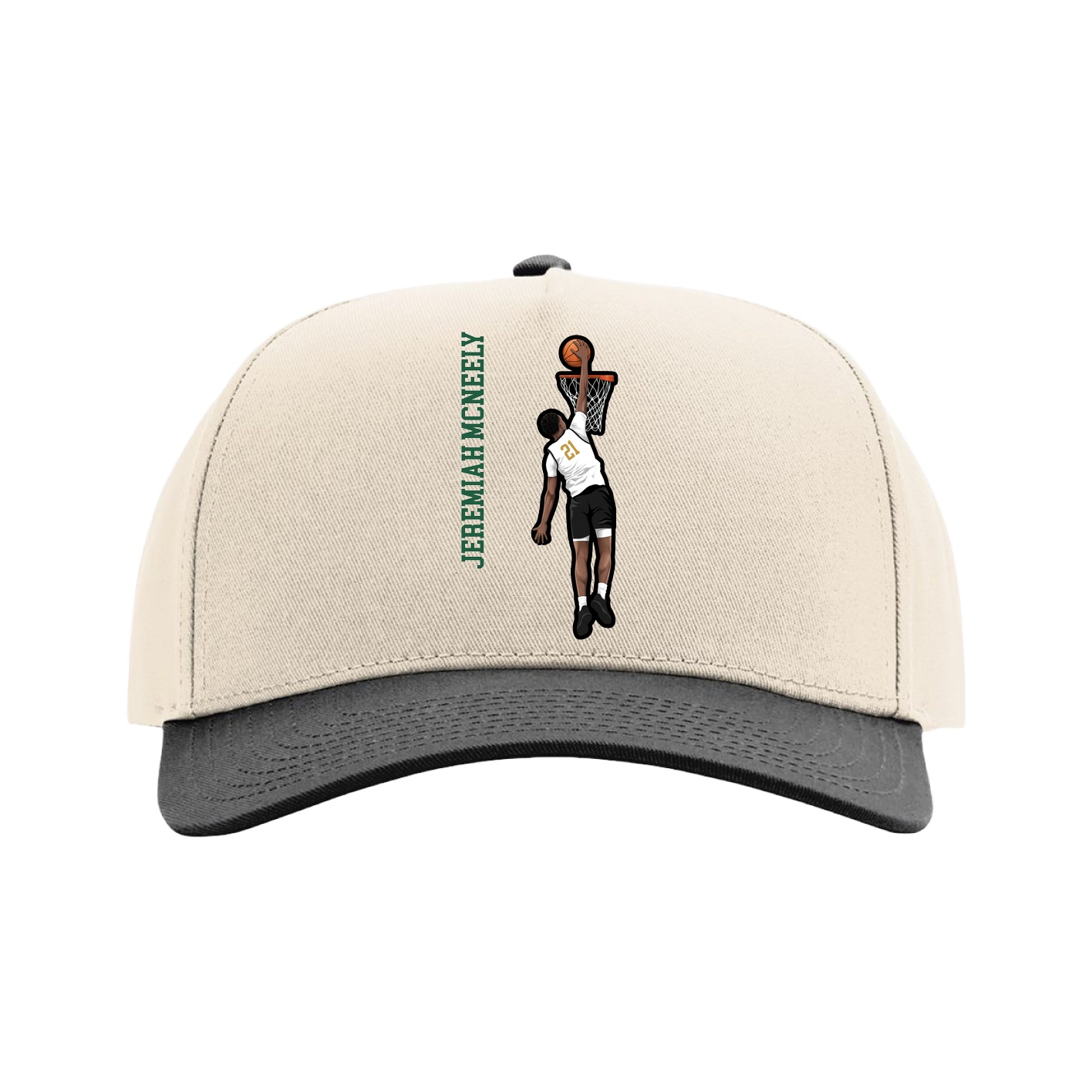 Full Fabric Five-Panel Champ Cap — Name Vertical in Cream/Black