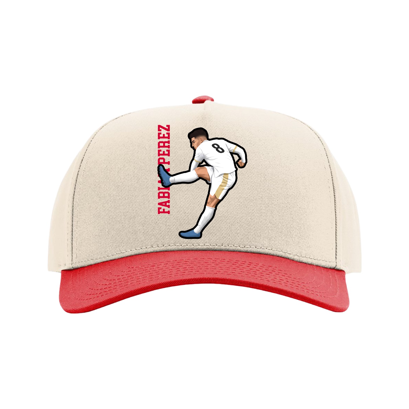 Full Fabric Five-Panel Champ Cap — Name Vertical in Cream/Red