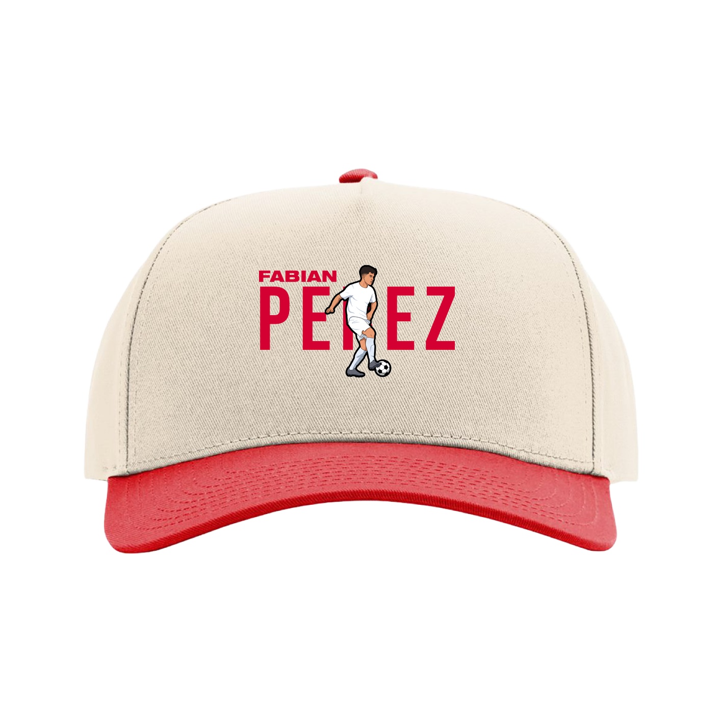 Full Fabric Five-Panel Champ Cap — Player Name in Cream/Red