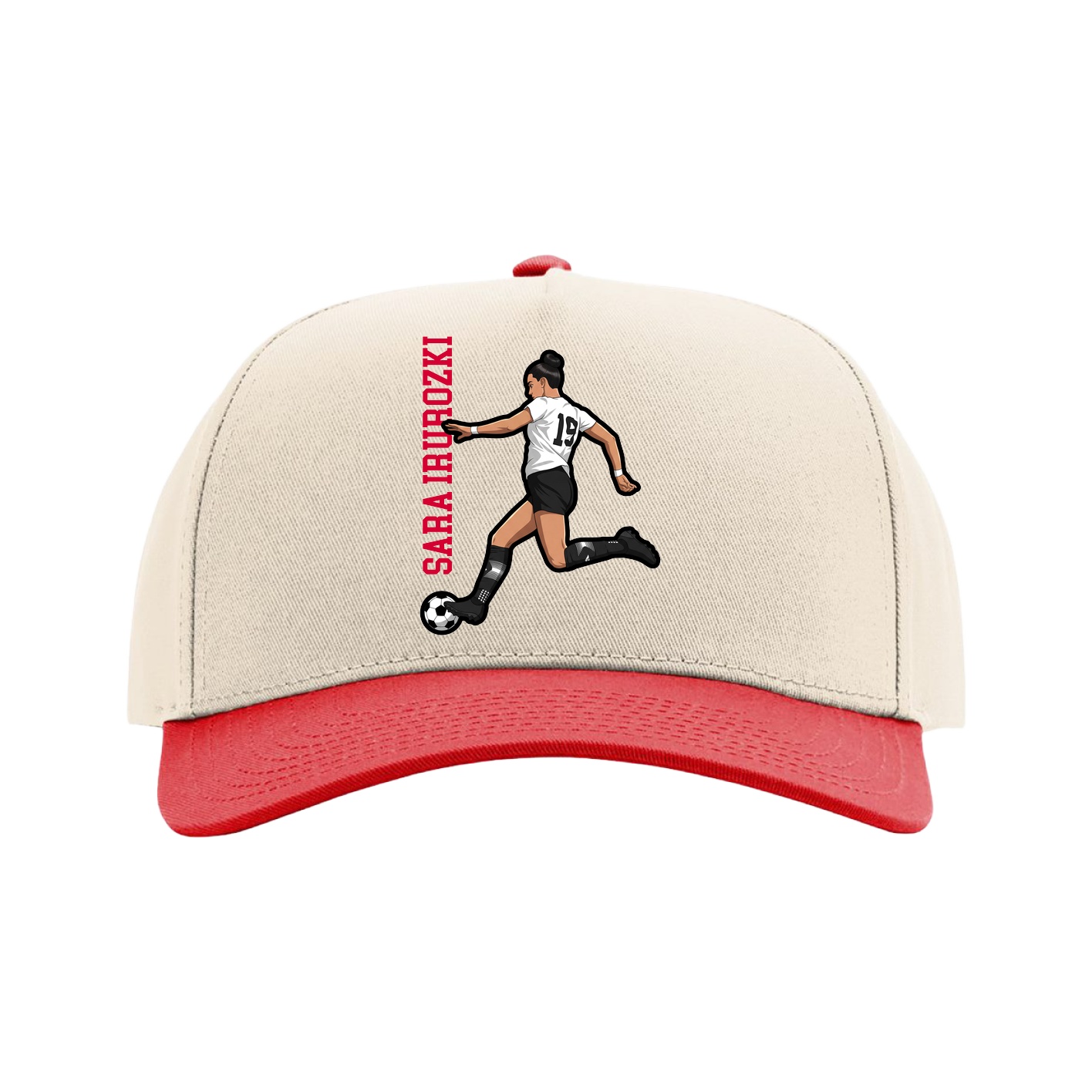 Full Fabric Five-Panel Champ Cap — Name Vertical in Cream/Red