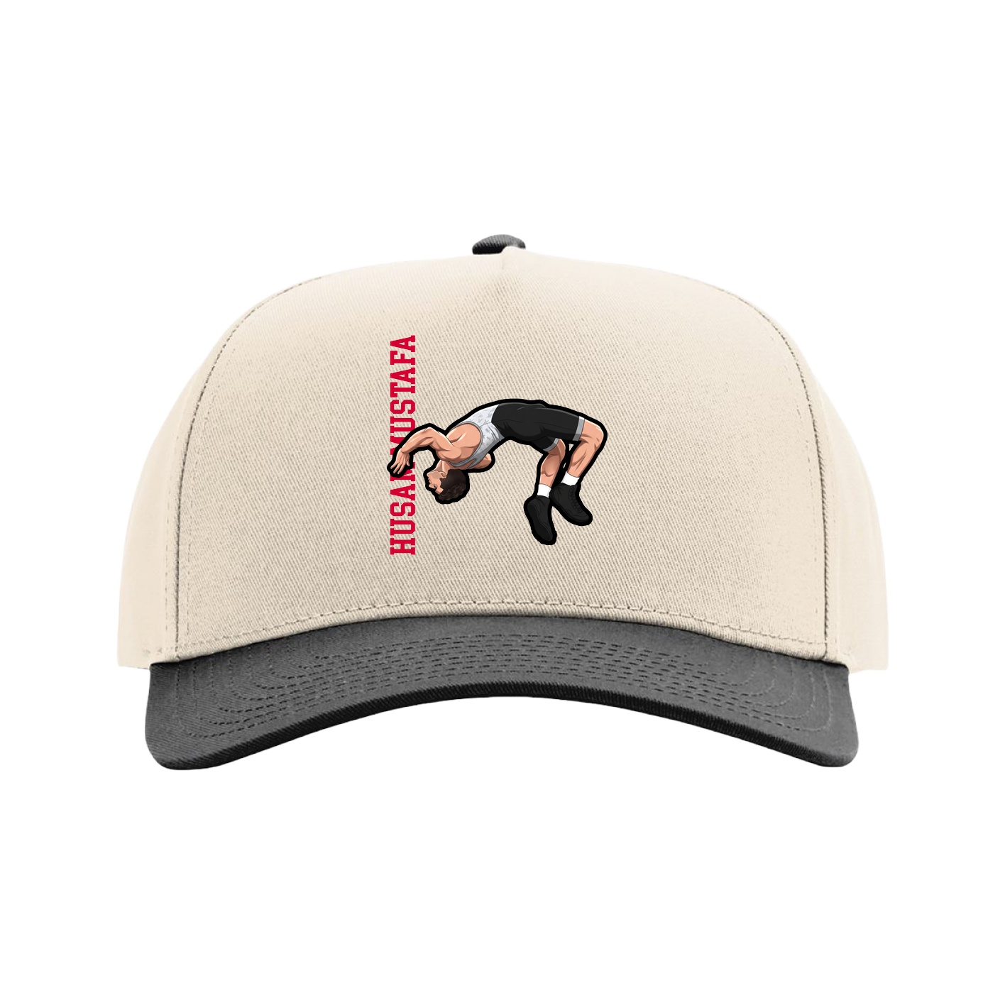 Full Fabric Five-Panel Champ Cap — Name Vertical in Cream/Black