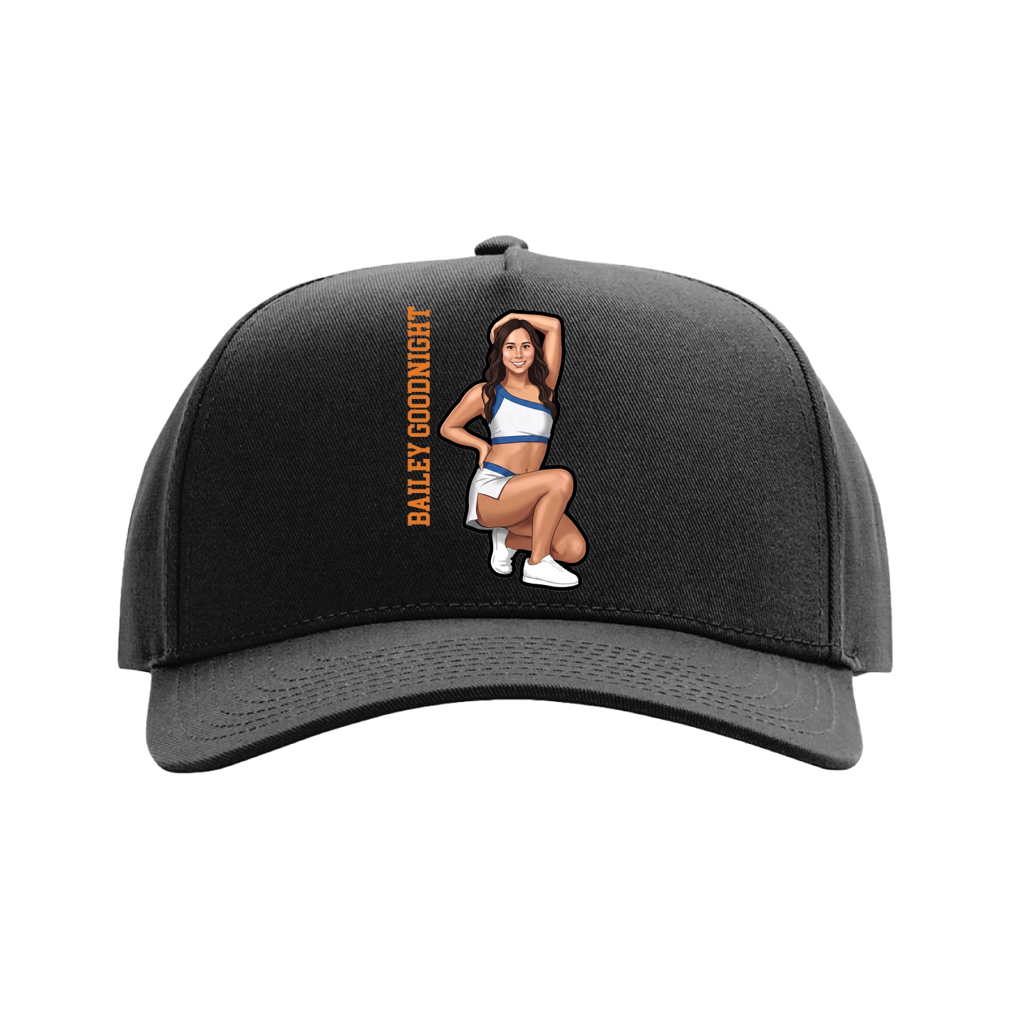 Full Fabric Five-Panel Champ Cap — Name Vertical in Black