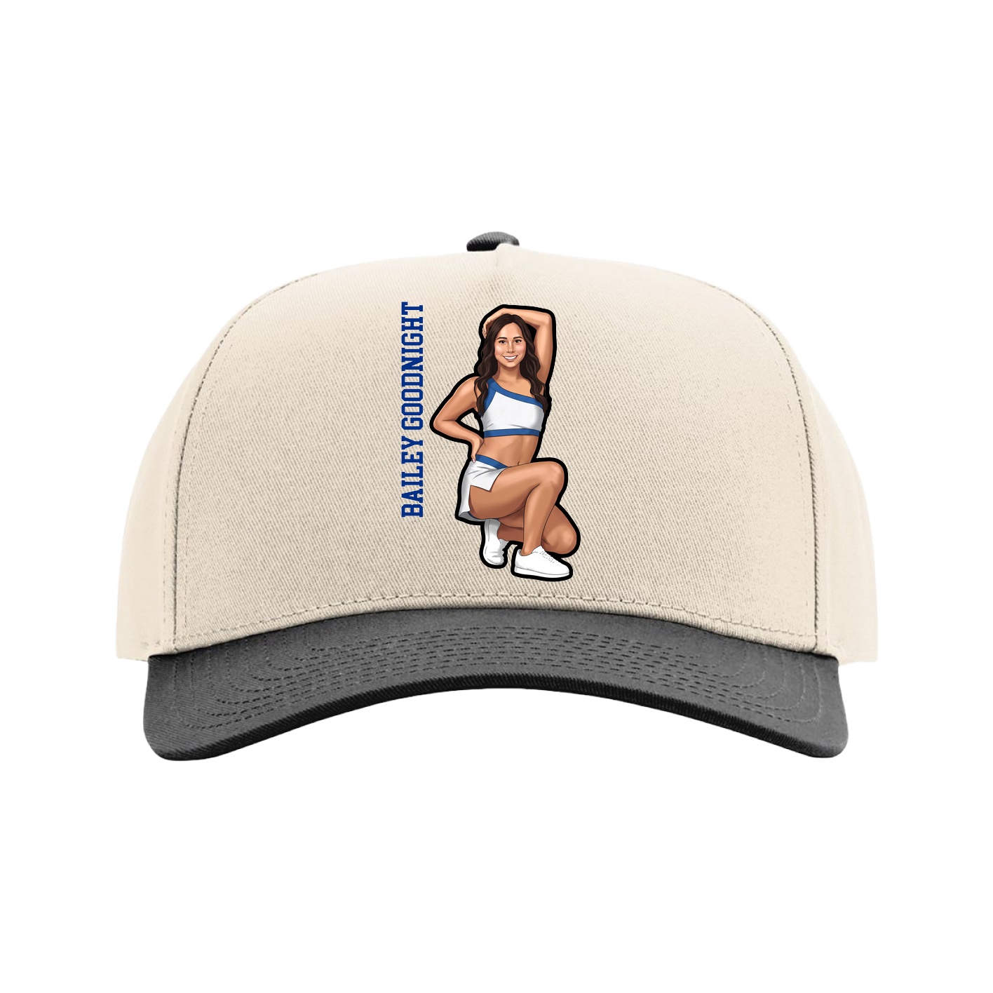 Full Fabric Five-Panel Champ Cap — Name Vertical in Cream/Black